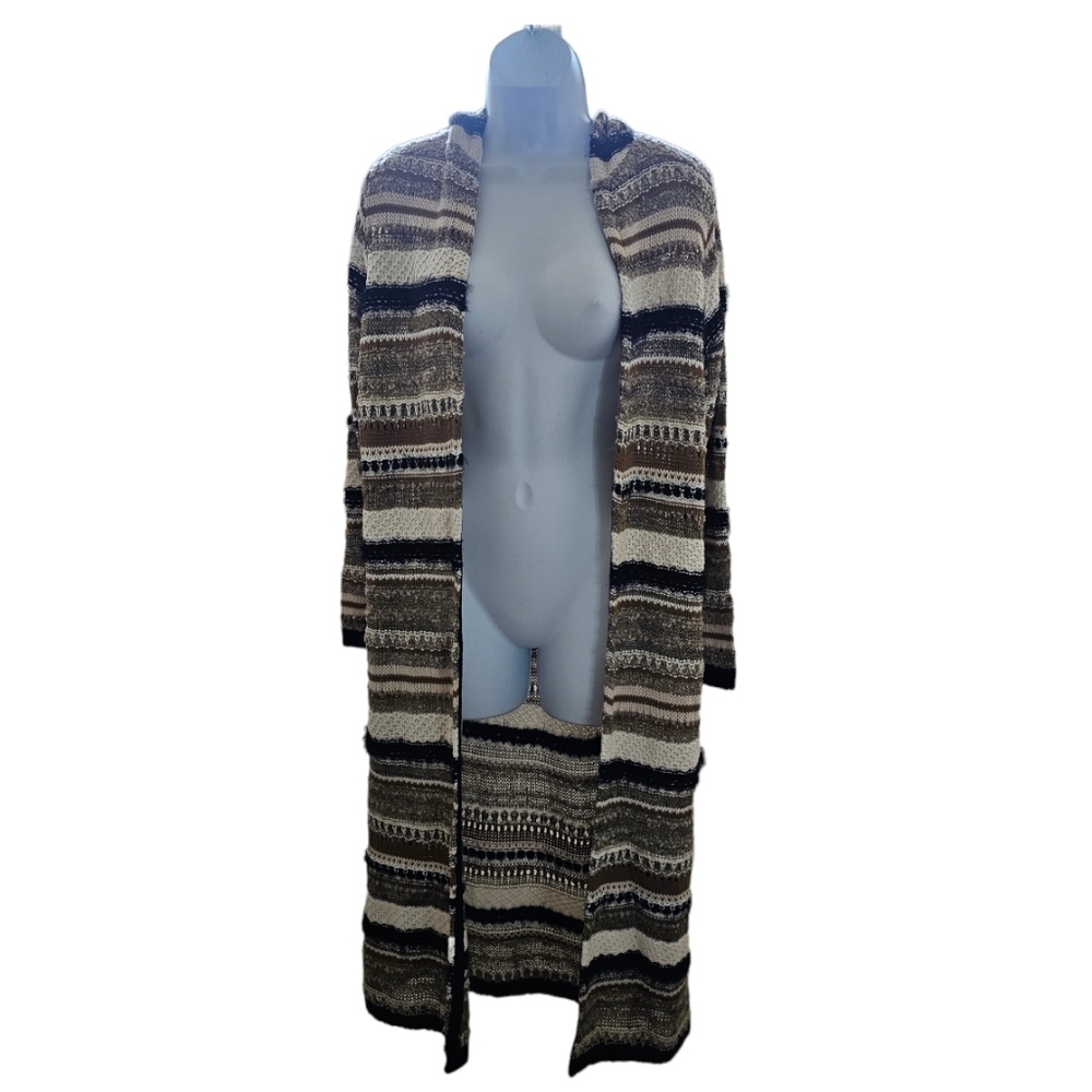 Forever 21 Long Hooded Duster Cardigan Open Front Knit Striped Cream Black Small